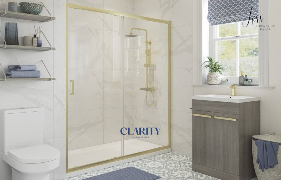 Clarity Showering - Kiss - 1000mm Sliding Shower Door - Brushed Brass Frame