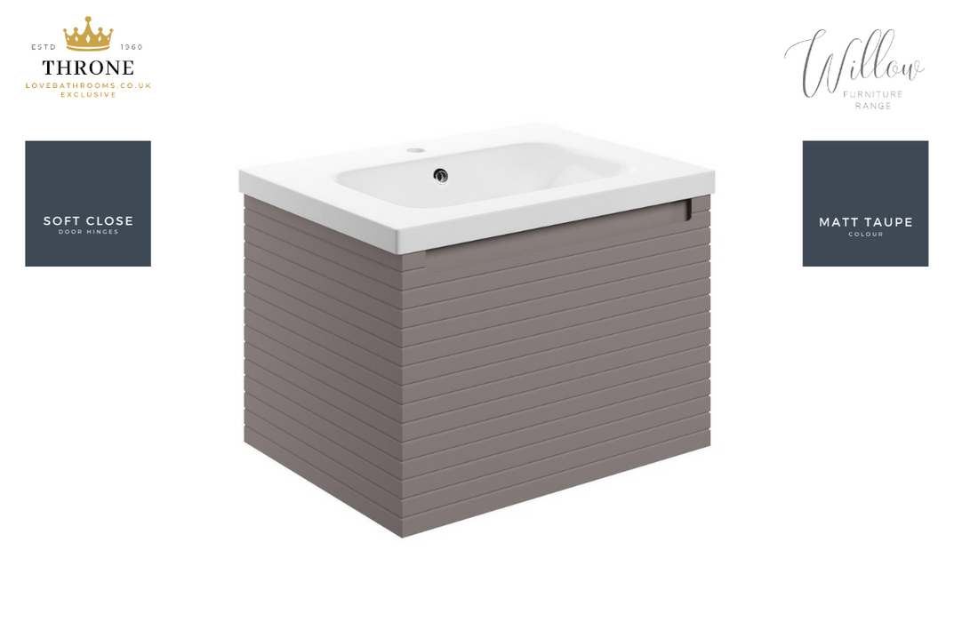 Throne - Willow - 610mm Wall Hung Drawer Vanity Unit & Basin - Matt Taupe
