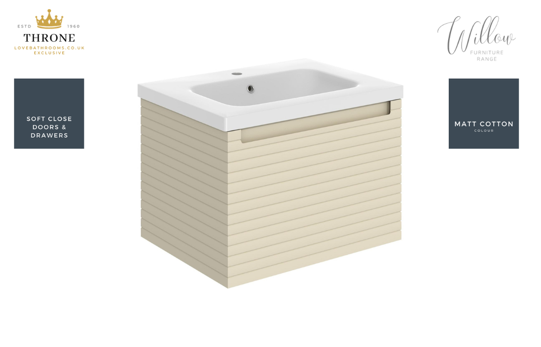 Throne - Willow - 610mm Wall Hung Drawer Vanity Unit & Basin - Matt Cotton