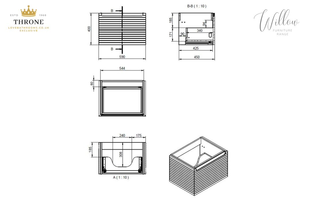Throne - Willow - 610mm Wall Hung Drawer Vanity Unit & Basin - Matt Taupe