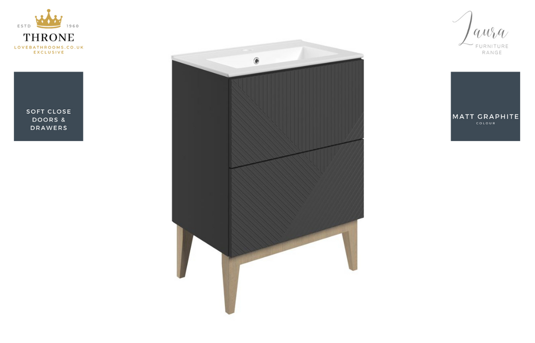 Throne - Laura - 615mm Floor Standing 2 Drawer Basin Unit & Basin - Matt Graphite