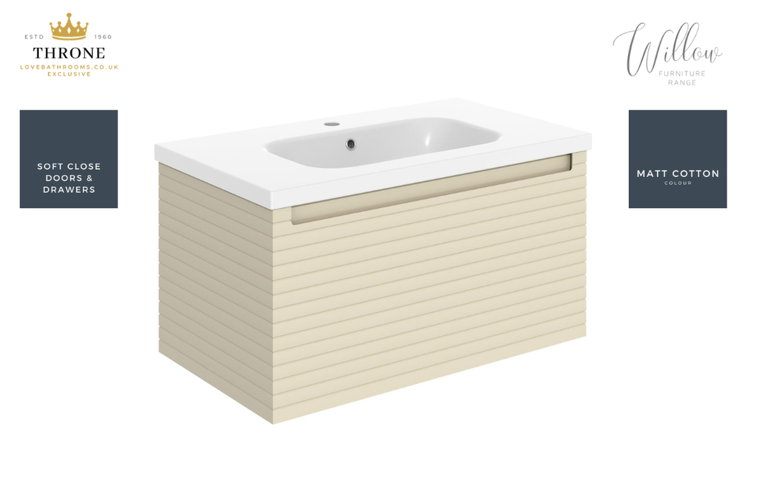 Throne - Willow - 815mm Wall Hung Drawer Vanity Unit & Basin - Matt Cotton