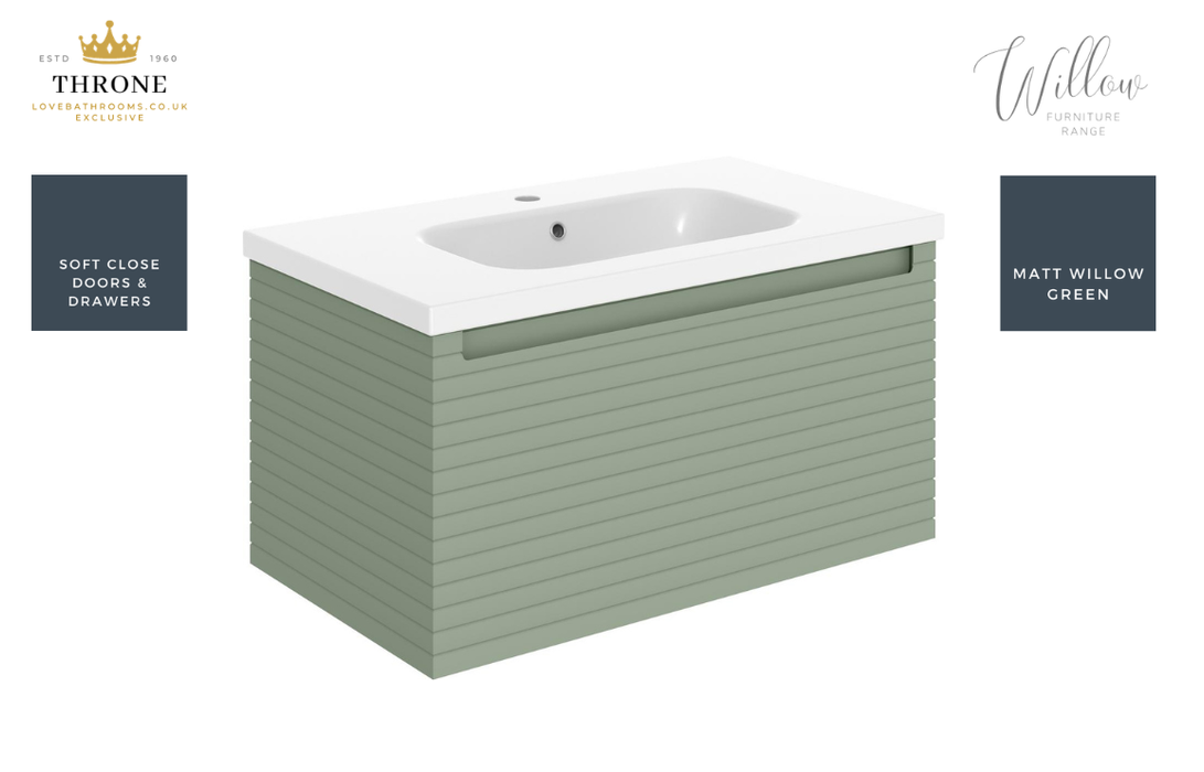 Throne - Willow - 815mm Wall Hung Drawer Vanity Unit & Basin - Matt Willow Green