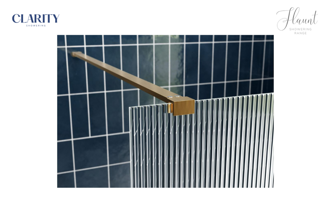 Clarity Showering - Flaunt - 800mm Fluted Glass Side Panel & Side Support Bar - Brushed Brass