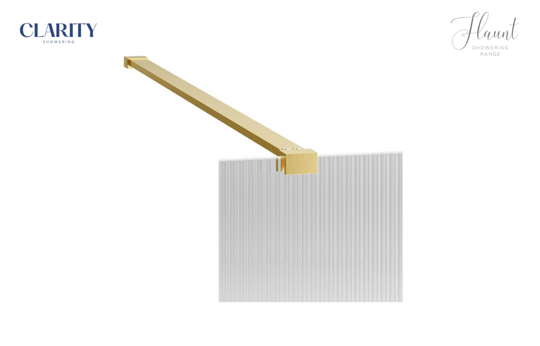Clarity Showering - Flaunt - 800mm Fluted Glass Side Panel & Side Support Bar - Brushed Brass