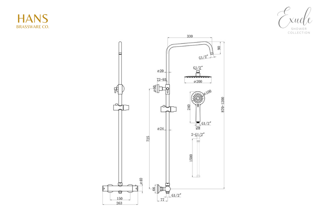 Hans Brassware Co. - Exude - Brushed Brass - Round Thermostatic Twin Head Bar Valve Mixer Shower