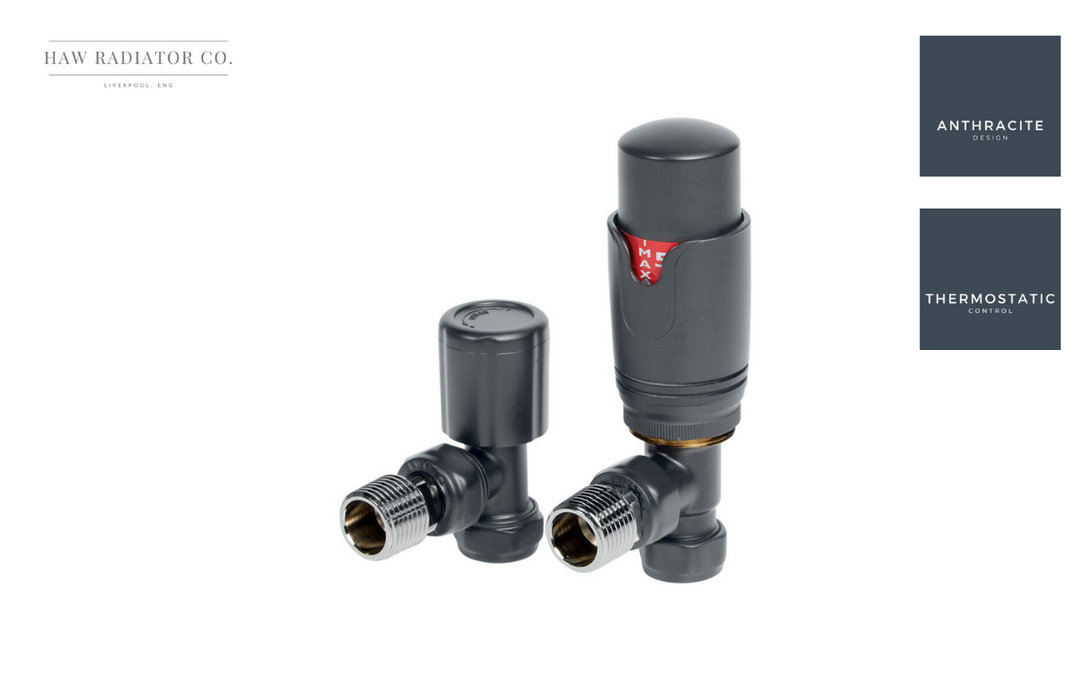 HAW Rad Co. - Round Thermostatic Anthracite Radiator Valves - Angled TRV