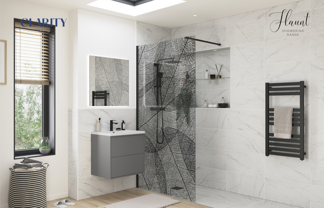 Clarity Showering - Flaunt - 1200mm Black Leaf Glass Walk-In Panel & Support Bar - Matt Black