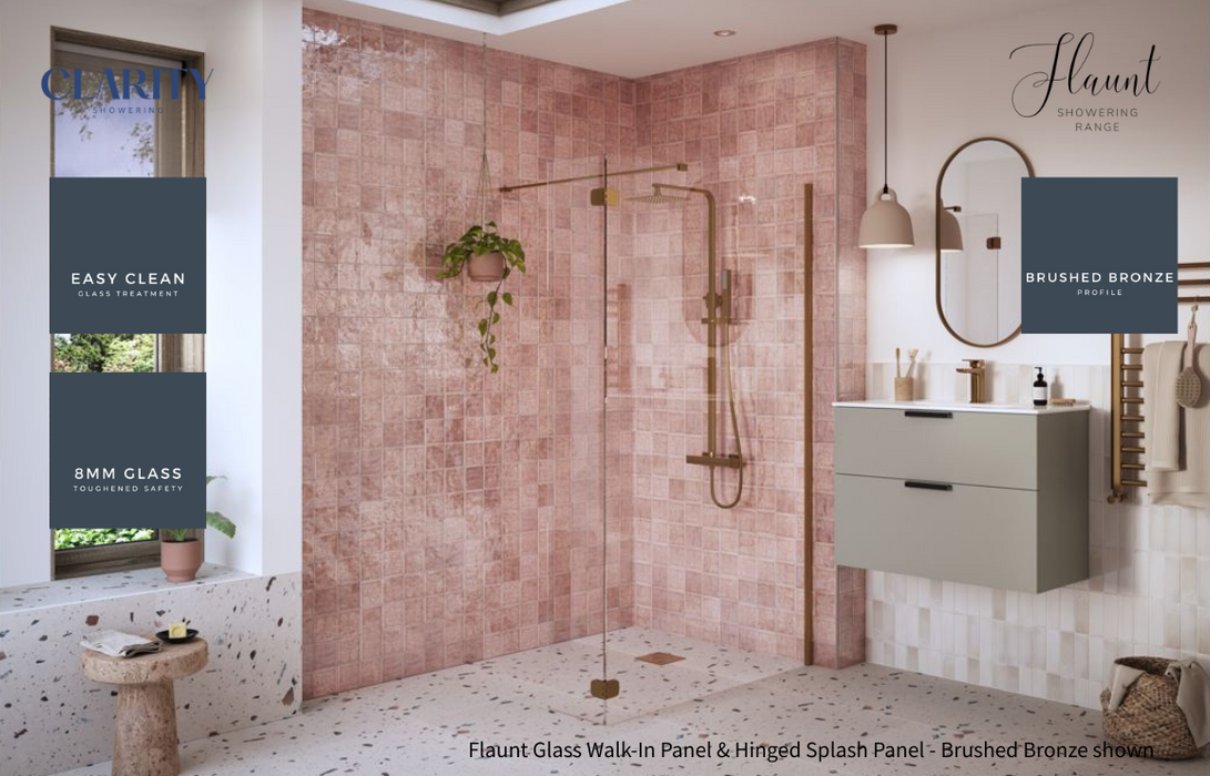 Clarity Showering - Flaunt - 300mm Hinged Splash Panel for Walk-In Glass Panel - Brushed Bronze