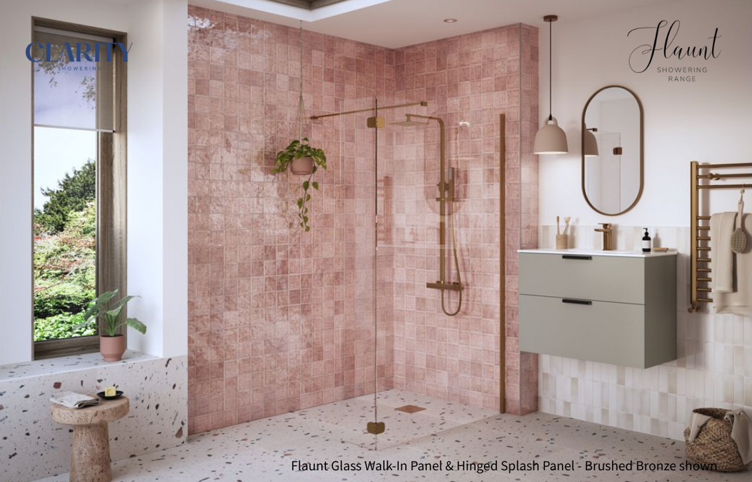 Clarity Showering - Flaunt - 300mm Hinged Splash Panel for Walk-In Glass Panel - Brushed Bronze