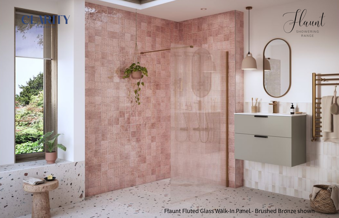 Clarity Showering - Flaunt - 1000mm Fluted Glass Walk-In Panel & Support Bar - Brushed Bronze