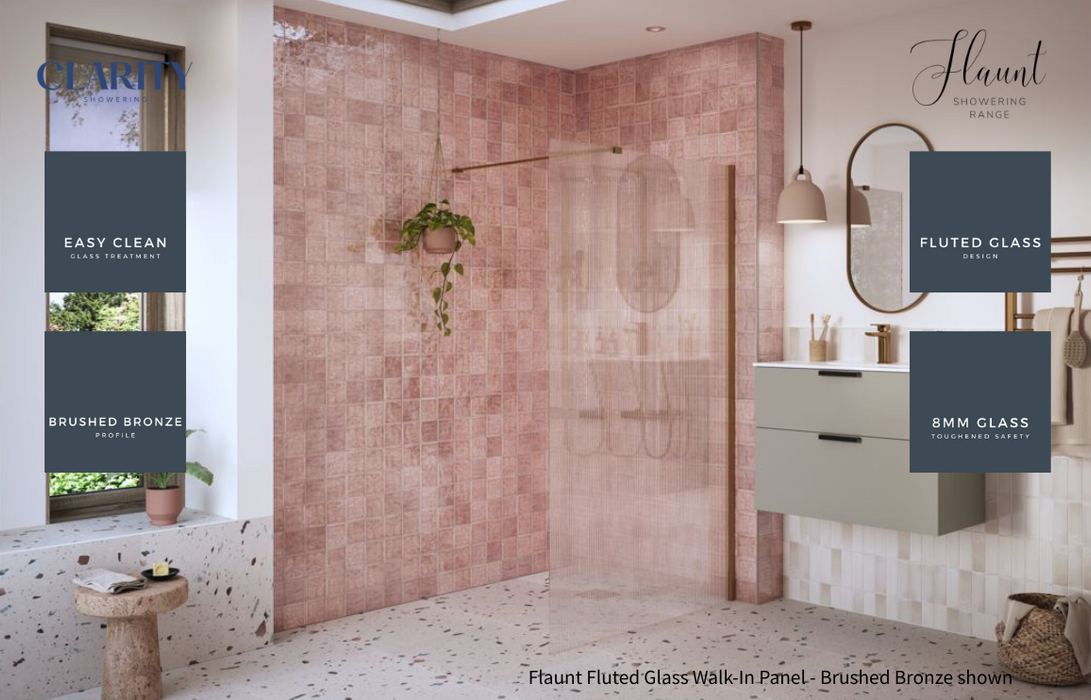 Clarity Showering - Flaunt - 1000mm Fluted Glass Walk-In Panel & Support Bar - Brushed Bronze