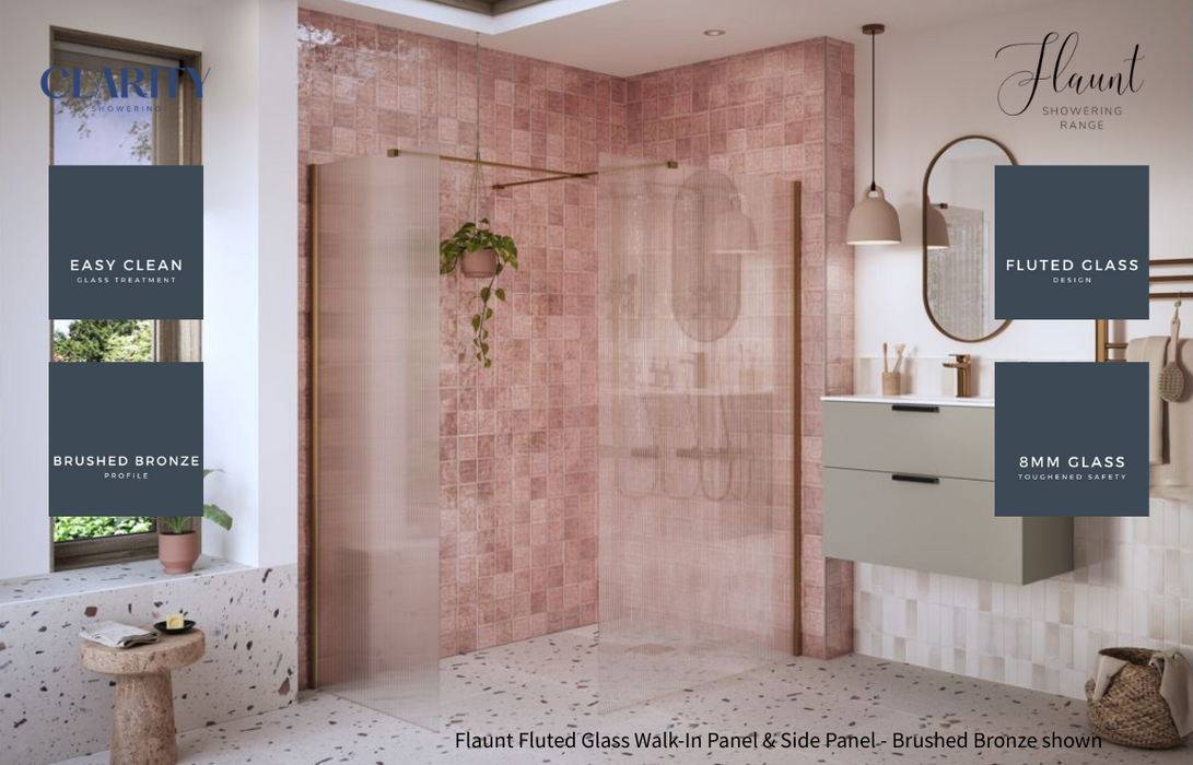 Clarity Showering - Flaunt - 800mm Fluted Glass Side Panel & Side Support Bar - Brushed Bronze
