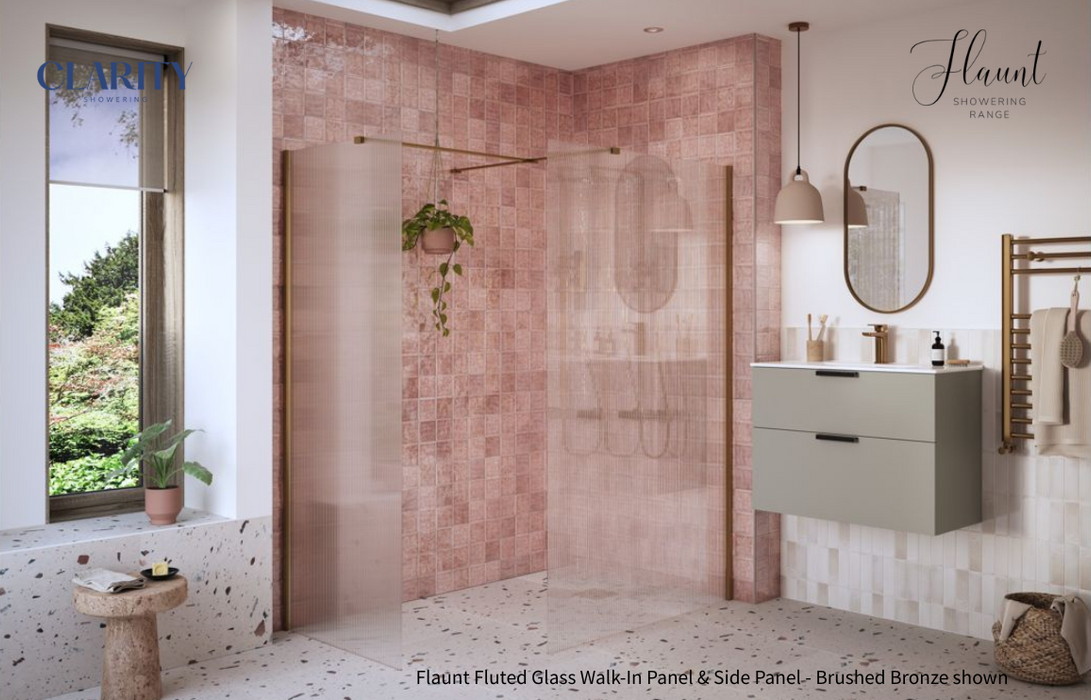 Clarity Showering - Flaunt - 800mm Fluted Glass Side Panel & Side Support Bar - Brushed Bronze