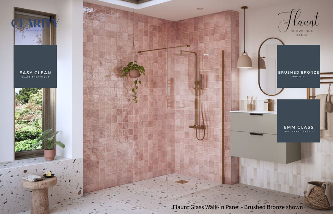 Clarity Showering - Flaunt - 1400mm Walk-In Glass Panel & Support Bar - Brushed Bronze