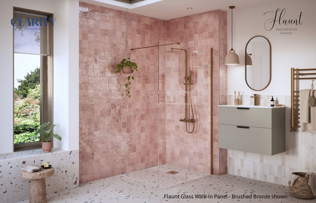 Clarity Showering - Flaunt - 1400mm Walk-In Glass Panel & Support Bar - Brushed Bronze