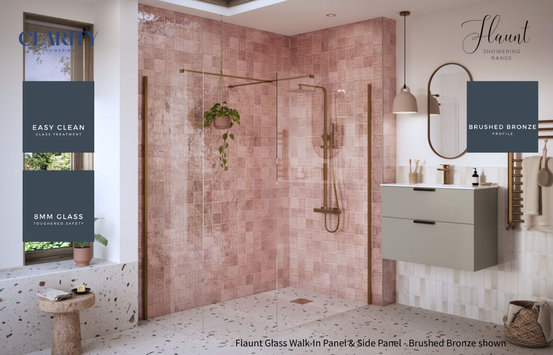 Clarity Showering - Flaunt - 700mm Glass Side Panel & Side Support Bar - Brushed Bronze