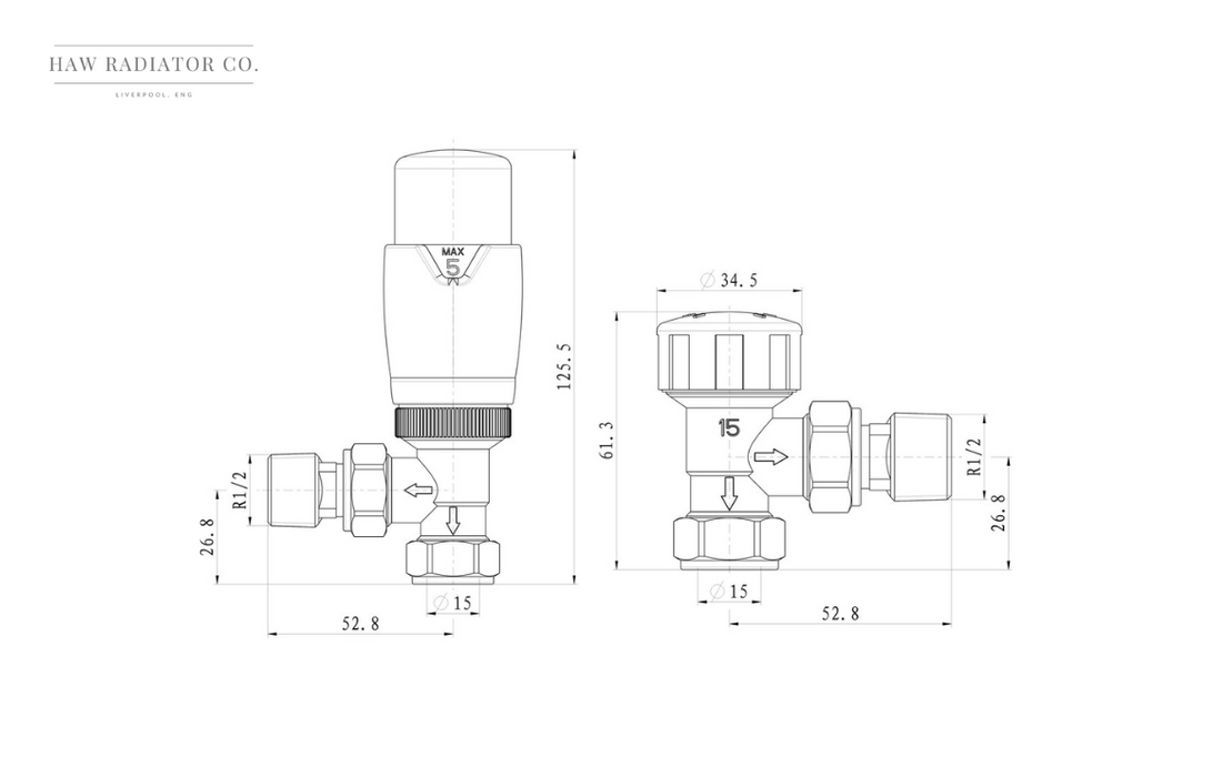 HAW Rad Co. - Round Thermostatic Chrome Radiator Valves - Angled TRV