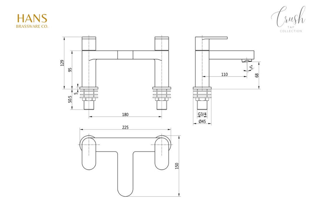 Hans Brassware Co. - Crush - Bath Filler Bathroom Tap - Chrome