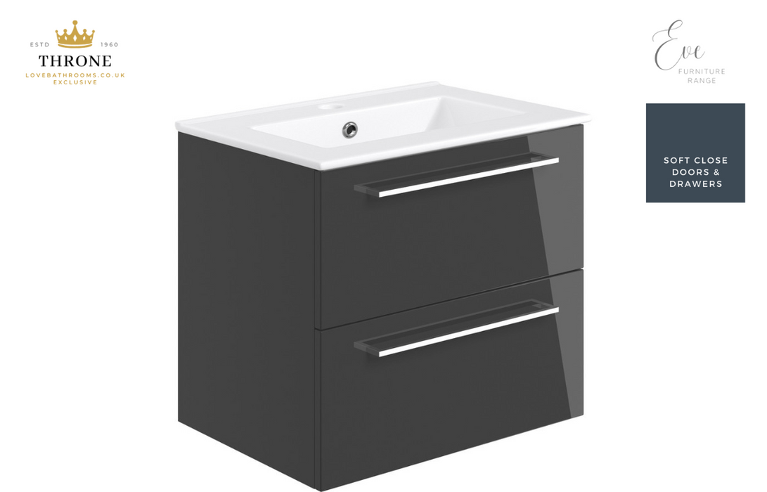 Throne - Eve - 610mm Wall Hung 2 Drawer Bathroom Vanity Unit - Anthracite Gloss