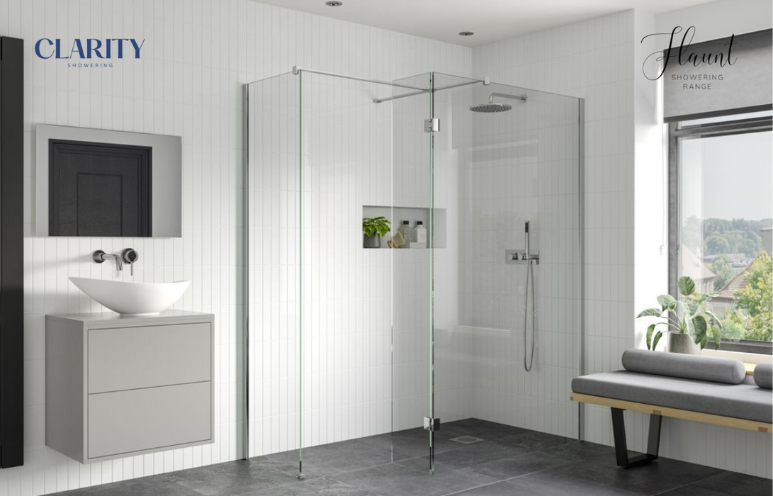 Clarity Showering - Flaunt - 300mm Hinged Splash Panel for Walk-In Glass Panel - Chrome