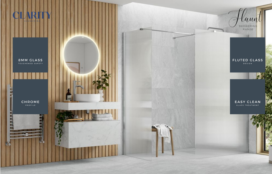 Clarity Showering - Flaunt - 800mm Fluted Glass Side Panel & Side Support Bar - Chrome
