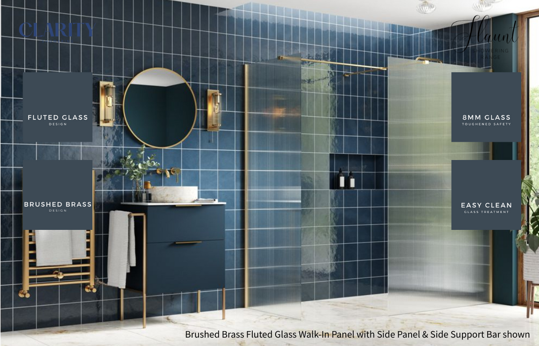 Clarity Showering - Flaunt - 800mm Fluted Glass Side Panel & Side Support Bar - Brushed Brass