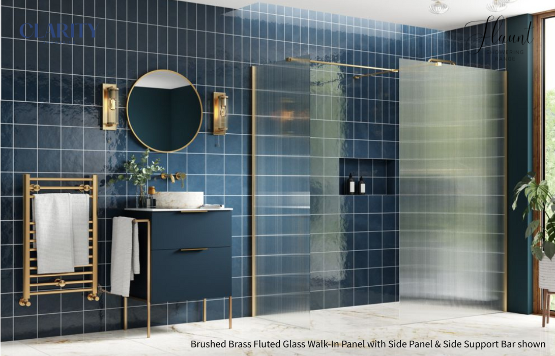 Clarity Showering - Flaunt - 800mm Fluted Glass Side Panel & Side Support Bar - Brushed Brass