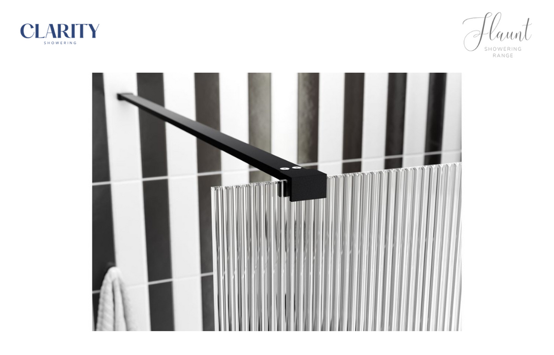 Clarity Showering - Flaunt - 800mm Fluted Glass Side Panel & Side Support Bar - Matt Black