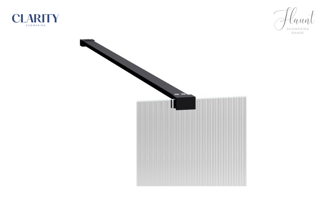 Clarity Showering - Flaunt - 800mm Fluted Glass Side Panel & Side Support Bar - Matt Black