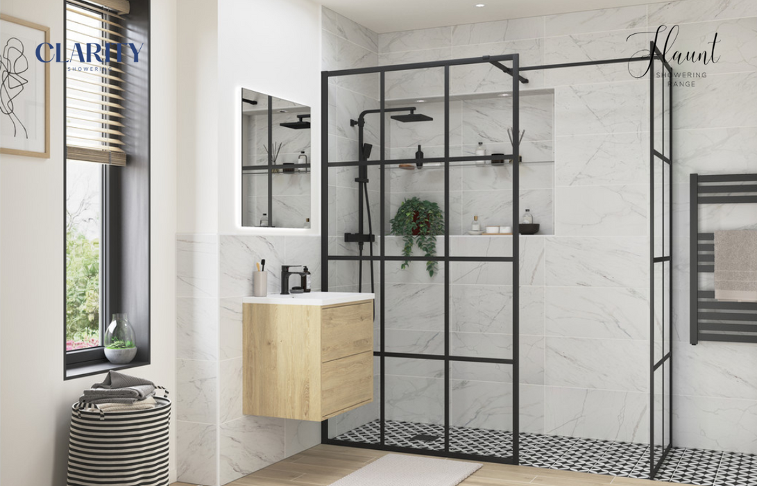 Clarity Showering - Flaunt - 760mm Framed Glass Side Panel & Side Support Bar - Matt Black