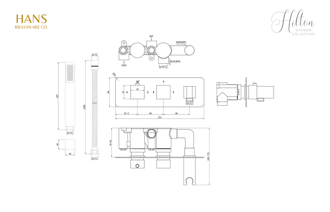 Hans Brassware Co. - Hilton Shower Pack One - Twin Control Two Outlet Shower Valve Kit Square - w/Handset & ABS Overhead