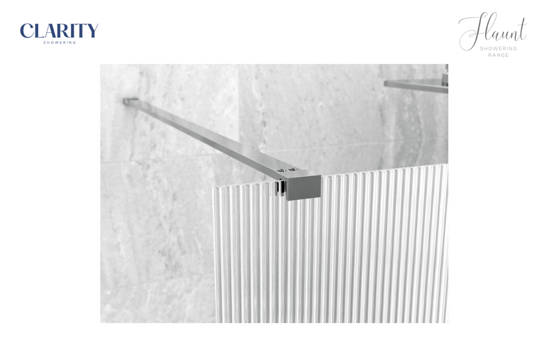 Clarity Showering - Flaunt - 800mm Fluted Glass Side Panel & Side Support Bar - Chrome