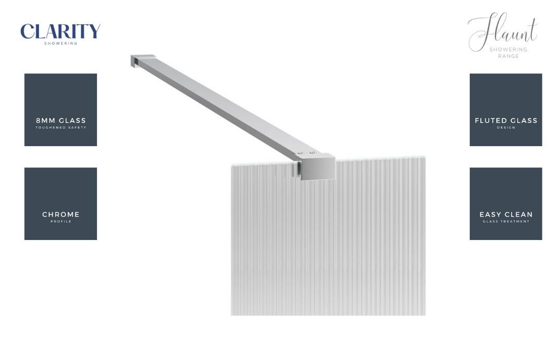 Clarity Showering - Flaunt - 800mm Fluted Glass Side Panel & Side Support Bar - Chrome