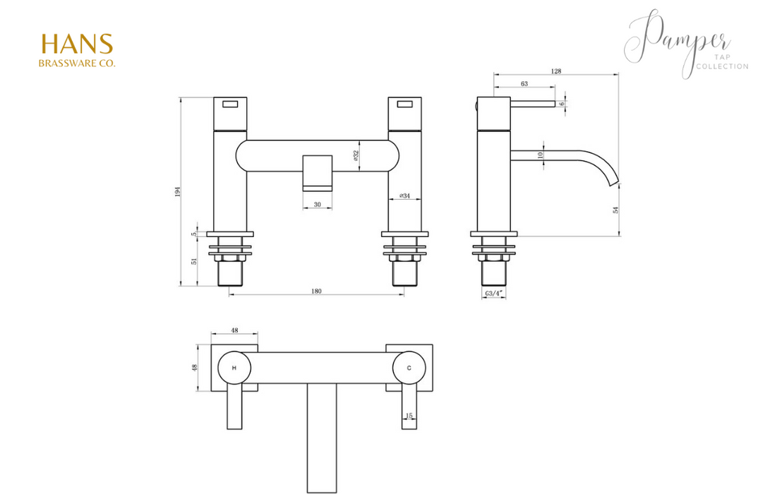 Hans Brassware Co. - Pamper - Bath Filler Bathroom Tap - Chrome
