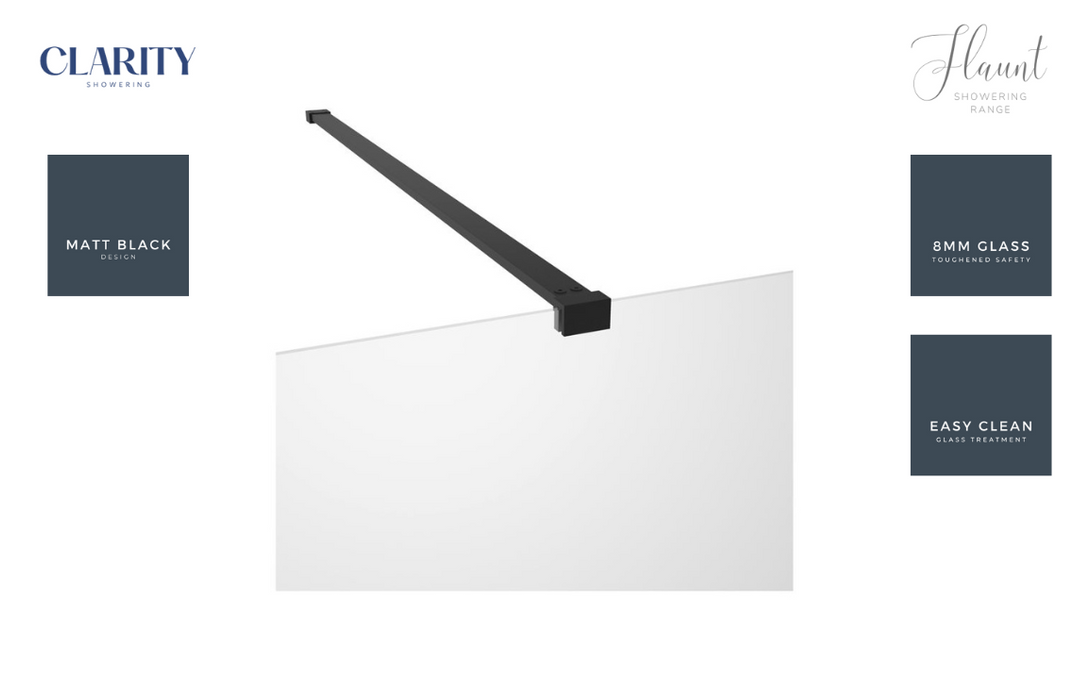 Clarity Showering - Flaunt - 760mm Glass Side Panel & Side Support Bar - Matt Black