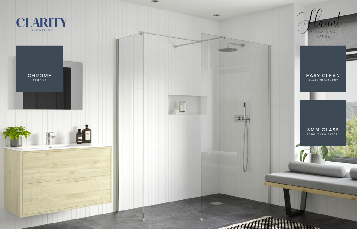 Clarity Showering - Flaunt - 760mm Glass Side Panel & Side Support Bar ...