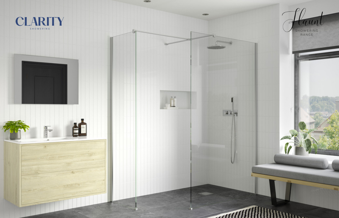 Clarity Showering - Flaunt - 900mm Glass Side Panel & Side Support Bar - Chrome