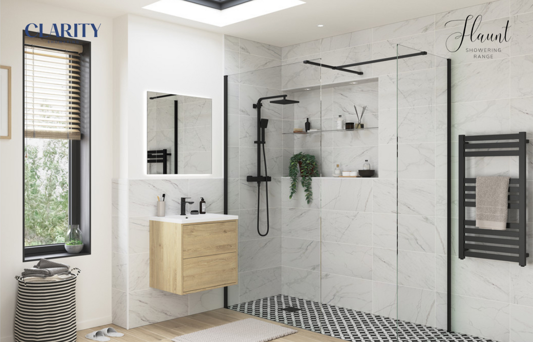 Clarity Showering - Flaunt - 760mm Glass Side Panel & Side Support Bar - Matt Black