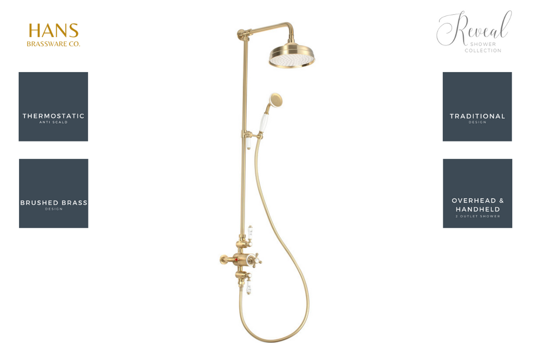 Hans Brassware Co. - Reveal Traditional Brushed Brass - Exposed Two Outlet Shower Valve Kit - w/Riser Kit & Overhead - Twin Head