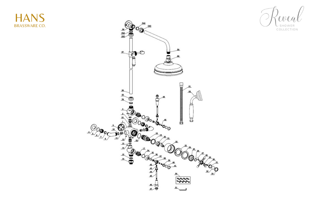 Hans Brassware Co. - Reveal Traditional Brushed Brass - Exposed Two Outlet Shower Valve Kit - w/Riser Kit & Overhead - Twin Head