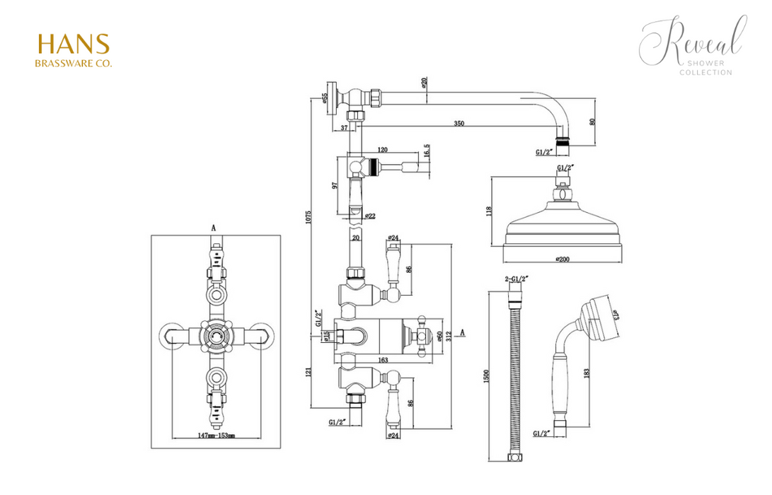 Hans Brassware Co. - Reveal Traditional Brushed Brass - Exposed Two Outlet Shower Valve Kit - w/Riser Kit & Overhead - Twin Head