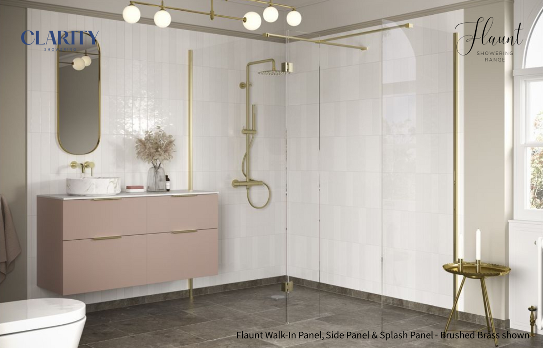 Clarity Showering - Flaunt - 300mm Hinged Splash Panel for Walk-In Glass Panel - Brushed Brass