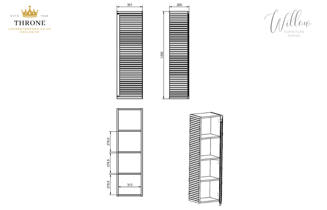 Throne - Willow - 350mm Wall Hung 1 Door Tall Bathroom Unit - Matt Cotton