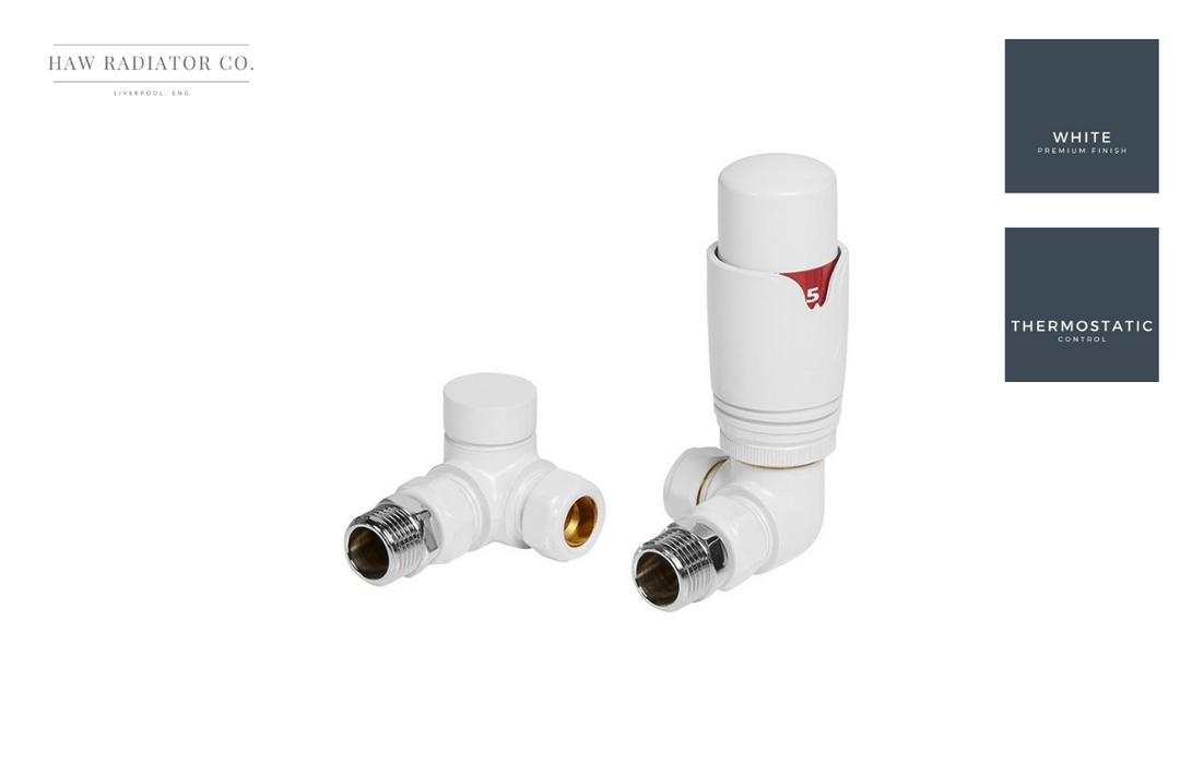 HAW Rad Co. - Round Thermostatic White Radiator Valves - Corner TRV