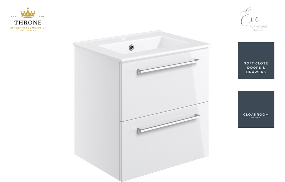 Throne - Eve - 510mm Wall Hung 2 Drawer Bathroom Vanity Unit - White Gloss