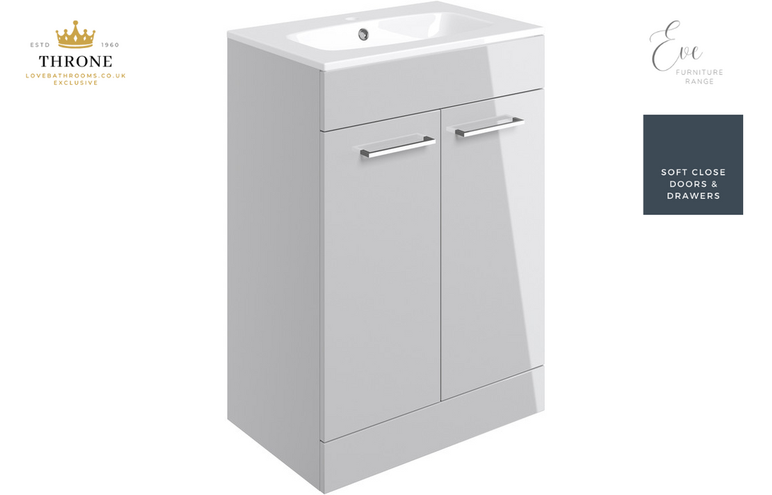 Throne - Eve - 610mm Floor Standing 2 Door Bathroom Vanity Unit - Grey Gloss