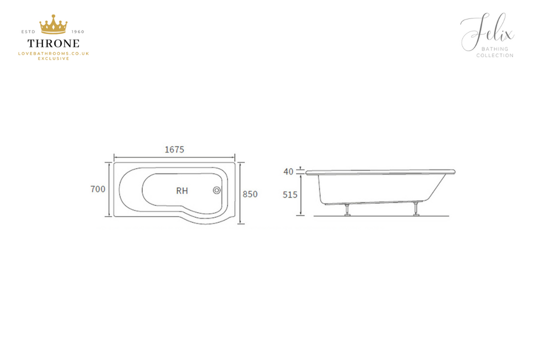 Throne - Felix - P Shape Shower Bath Pack - 1700x850x560mm - Left Handed